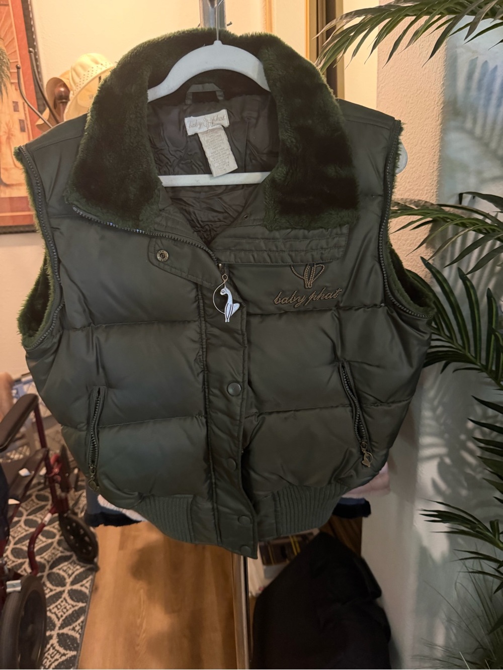 Baby Phat Olive Green Puffer Vest with Faux Fur Collar